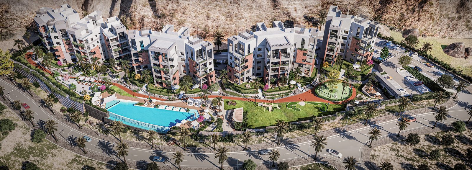 Zen Residences Muscat Bay — aerial view of the whole community