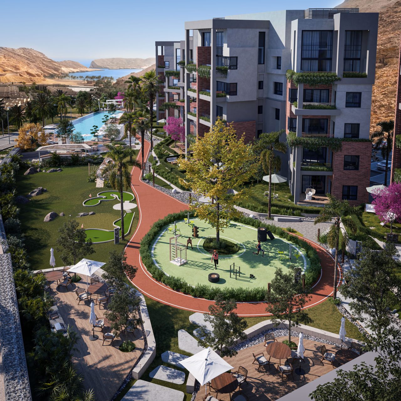 Zen Residences Muscat Bay — gardens, mini-golf and fitness circle from above
